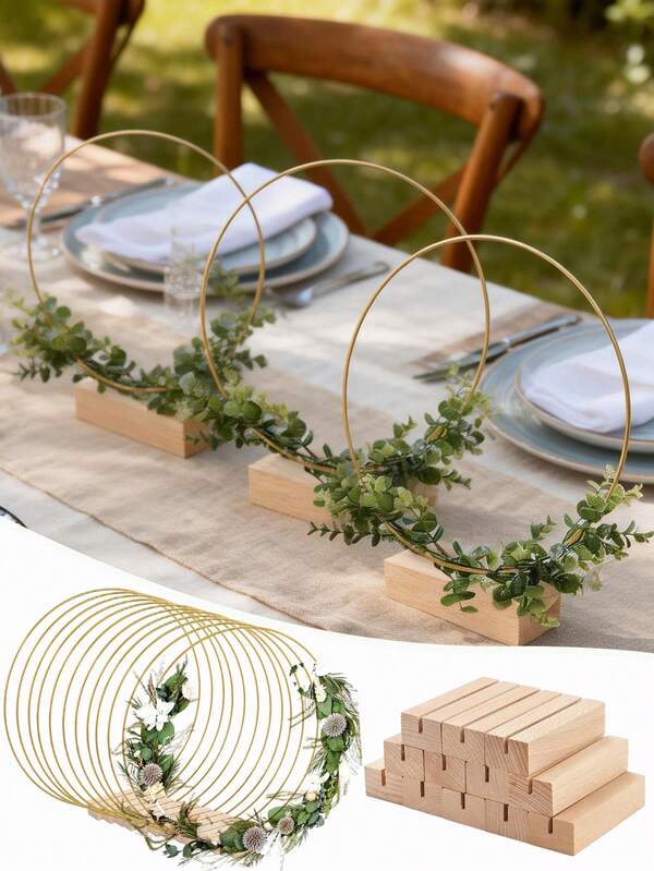 6pcs Floral Hoop Tabletop Decor, 12-Inch Large Metal Ring With Wooden Base Center Decor, Suitable For DIY Wedding Decoration, Wall Hanging, Crafts, Dream Catcher Decoration