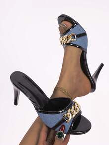 女士经典金色粗跟D'Orsay高跟鞋 - 简约方头办公正式派对鞋，防滑橡胶鞋底，PU皮革鞋面 - 藍色 - 查看 7