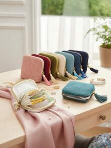 1个天鹅绒旅行首饰收纳袋，便携式首饰整理袋，女士旅行首饰盒，拉链袋，可收纳项链、手链、戒指、耳环、宝石等 - 彩色 - 查看 1