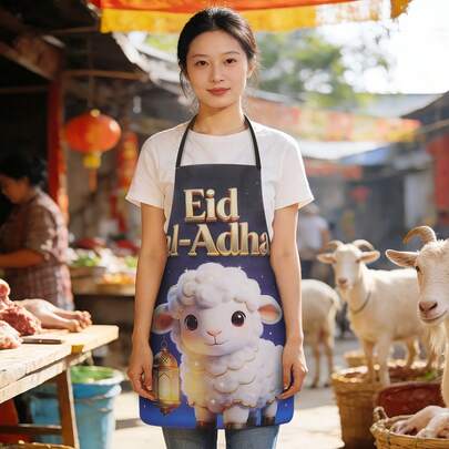 一件印有可爱绵羊和山羊图案的宰牲节围裙，派对装饰道具
