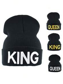 绣有国王和王后图案的针织帽，男女皆宜的冬季针织帽，欧美情侣款卷边宽松帽，畅销保暖帽 - 黑色 - 查看 6