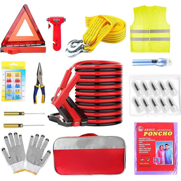 Car Emergency Kit, With Tire Repair Nails, Battery Jumper Cable, Car Safety Hammers, Car Emergency Triangle Etc. - A - Xem 8