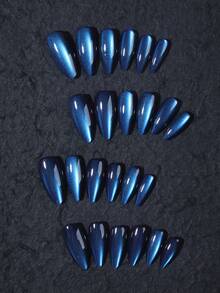 24片/套 Y2K 长杏仁形亮面美甲片，水晶蓝猫眼亚克力按压式美甲贴片，杏仁形美甲设计，完美贴合假指甲，包含：1片果冻胶和1片指甲锉，蓝色猫眼美甲，夏季美甲，适合女性和女孩日常佩戴，锐舞派对美甲用品 - 寶藍色 - 查看 2
