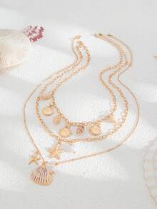 3件套海洋度假风几何链项链，饰有贝壳、海星、扇贝和仿珍珠吊坠，优雅奢华，适合婚礼、派对、海滩、日常休闲、街头风格，女士及情侣礼物 - 金色 - 查看 6