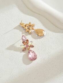 1 Đôi bông tai nữ hình giọt nước đính đá hoa nhiều màu sắc, thích hợp để đeo ngoài trời. - Hồng - Xem 2
