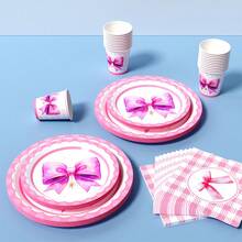 Glitter Purple Bow Disposable Plate, Napkin, Cup Set, Plates, Napkins And Cups Party Supplies, Serves 8 Guests, Disposable Paper Plates Party Tableware Suitable For Birthday, Wedding, Theme Party, Family Picnic - Multicolor - View 5