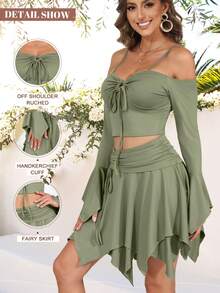 ThusFar Sexy Fairy Off-Shoulder Ruffled Duo| Corset Crop & High-Waist Skater Skirt| Sparkly Y2K Fairycore| Birthday-Party To Rave Essential - màu xanh lá - Xem 1