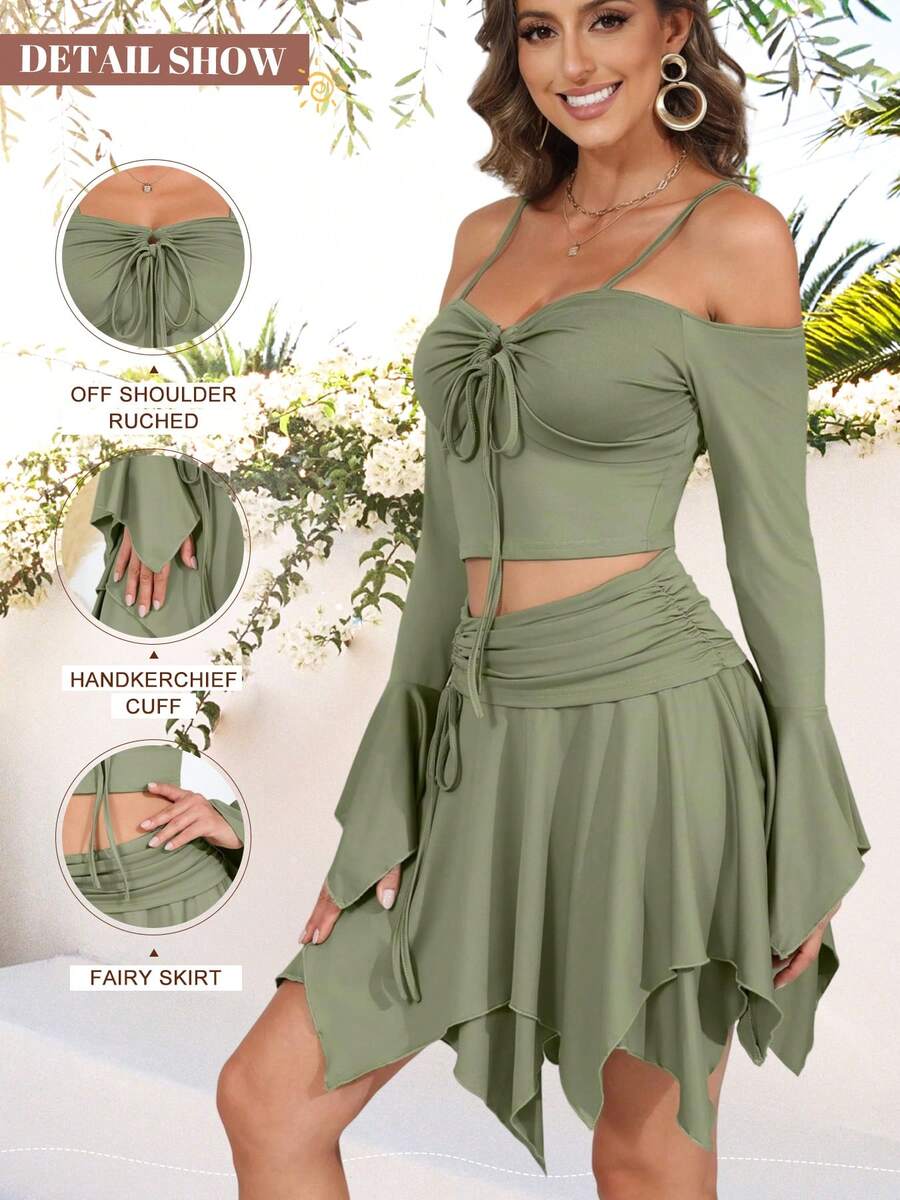 ThusFar Sexy Fairy Off-Shoulder Ruffled Duo| Corset Crop & High-Waist Skater Skirt| Sparkly Y2K Fairycore| Birthday-Party To Rave Essential - màu xanh lá - Xem 1