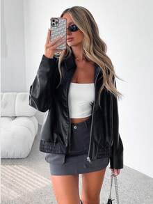 Women's Casual Black Zip-Up PU Loose Jacket Coat, Fall/Winter - Black - View 5