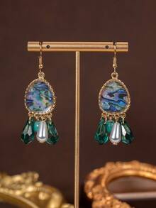 一对时尚海洋元素几何仿珍珠鲍鱼纹理薄荷绿水滴流苏耳环，独特设计 - 金黃色 - 查看 4