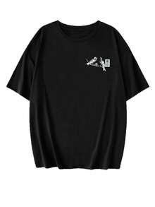 Camiseta cinza de manga curta com estampa floral sakura rosa, estilo japonês minimalista, nova de verão. Versátil e adequada para mulheres. - Preto - Ver 4