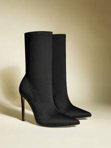 Sexy Mode Party-/Pendler-Stiefel für Frauen, schwarz, elastisch, Lycra, spitzer Zehenbereich, 9,5 cm dünner Absatz, Schlupfeinstieg, Knöchelhöhe, Herbst/Winter - Schwarz - Übersicht 7
