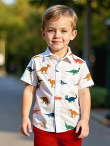 2 Stücke Jungen Dinosaurier Muster Kurzarm Hemd und Shorts Set, bequemer lässiger Sommer Outfit - Rot - Übersicht 5