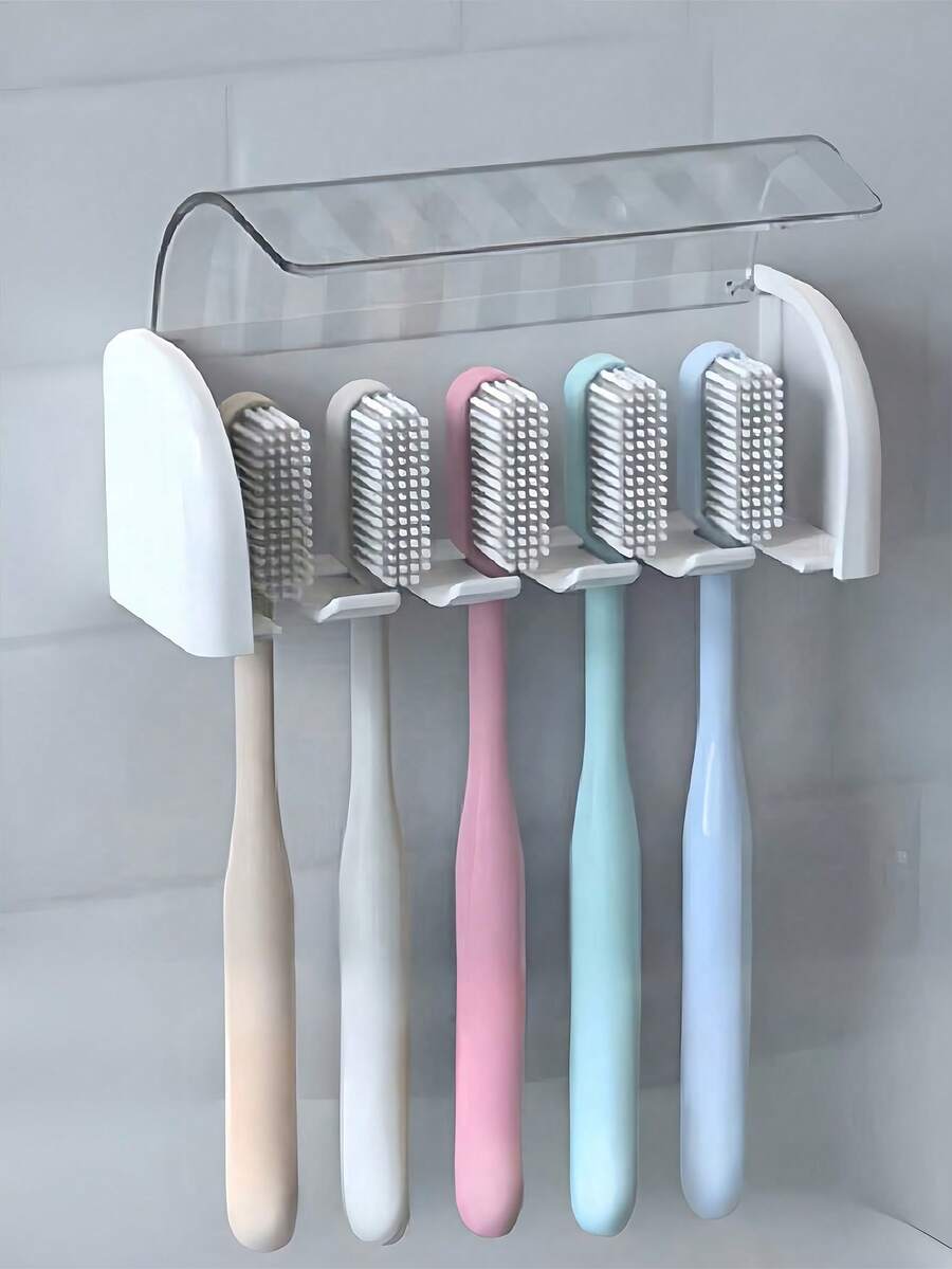 Giá treo bàn chải đánh răng gắn tường không cần khoan, có nắp đậy, chứa được 5 bàn chải, bền chắc, dụng cụ sắp xếp phòng tắm bằng nhựa, giá đựng kem đánh răng cho nam và nữ, dùng trong nhà tắm, ký túc xá và phòng tắm, trang trí nhà cửa, trang trí phòng tắm mùa tựu trường.