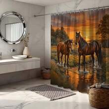 1 bộ rèm tắm tranh sơn dầu hoàng hôn và ngựa bên suối kèm móc treo, rèm phòng tắm phong cách thiên nhiên mộc mạc, rèm phòng tắm hình ảnh ngựa oai vệ dưới bầu trời vàng cho trang trí phòng tắm kiểu miền Tây, đồ dùng phòng tắm phong cảnh sống động, đồ dùng phòng tắm thư giãn cho người yêu động vật, rèm phòng tắm nổi bật cho phòng tắm phong cách trang trại, rèm tắm phòng tắm cho việc cải tạo nhà kiểu trang trại. - màu nâu - Xem 7