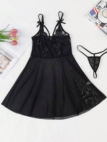 2pcs Lace Patchwork Front Slit Asymmetrical Hem Sexy Nightgown - Black - View 5