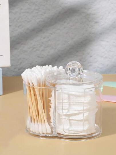 3M Qtip Holder With Dual Compartments Clear Round Holder Plastic Vanity Canister With Removable Dustproof Lid Swab Container For Swabs Makeup Storage Container Accessories , Makeup Room Decor,Makeup Bag,Travel Essential