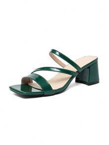 Sandal nữ màu xanh lá cây bằng da PU, hở mũi, đế dày, dễ phối đồ, phù hợp đi làm, công sở, dự tiệc, công tác, mùa xuân/hè. - Màu xanh lá cây đậm - Xem 7