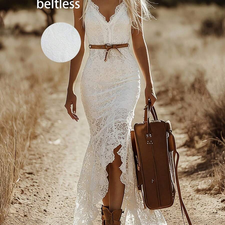 Women'S Elegant Vintage Bohemian White Lace Sleeveless Long Dress (Without ) ZLLZ - 白色 - 查看 1