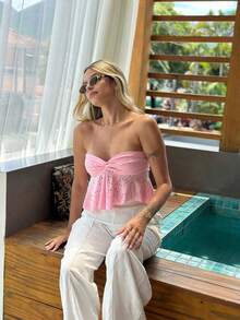 Women's Boho Chic Strapless Embroidered Top ✨ Front Tie With Cutout Detail | Summer Fashion ☀️ Knotted Fabric / Cutouts Beach Vacation Summer - Màu Hồng baby - Xem 2