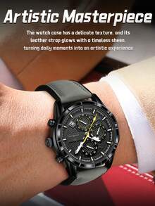 POEDAGAR 1件男士时尚休闲石英日历计时腕表，PU皮表带，防水夜光，适合日常佩戴，男士礼物 - 黑色 - 查看 7