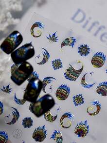 1pc Hot Stamping Exquisite Blue Peacock Gilded Peacock Feather Peacock Spreading Tail Nail Art Stickers 5D Majestic Oriental Nail Decals Self-Adhesive Manicure Accents For Women - Multicolor - View 5