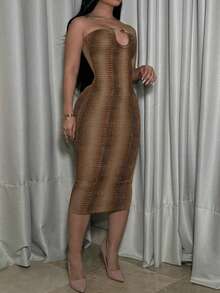 性感蛇纹印花紧身迷你连衣裙，修身抹胸裙，适合约会和通勤。 - 棕色 - 查看 4