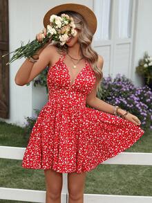 女士波西米亚风红色露背V领夏季连衣裙，无袖吊带性感露背修身腰部派对连衣裙，可爱蝴蝶结沙滩度假连衣裙 - 紅色 - 查看 6