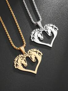 SeuSuk 1pc Stainless Steel Lucky Double Horse Head Animal Pendant Necklace, Men's Jewelry Gift - Gold - View 3