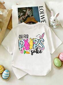 Young Girl Easter Bunny Print Short Sleeve T-Shirt, Casual Round Neck Children Clothing - White - View 1