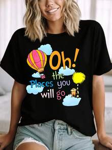 Oh The Places You Will Go Hot Air Balloon And Cat In Hat Shirt For Adventure Lovers Travel Inspired Graphic Tee With Inspirational Quote For Kids And Adults Fun Outfit For Summer Days Road Trips And Family Vacations - màu đen - Xem 1