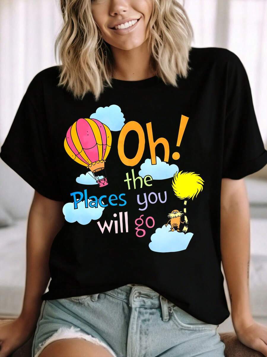 Oh The Places You Will Go Hot Air Balloon And Cat In Hat Shirt For Adventure Lovers Travel Inspired Graphic Tee With Inspirational Quote For Kids And Adults Fun Outfit For Summer Days Road Trips And Family Vacations - màu đen - Xem 1