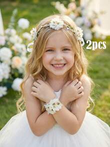 2件套米色网纱玫瑰花冠+花朵手链套装，适合女孩和女士，可用于婚礼、新娘、派对、拍照道具、周年纪念、情人节礼物、亲子装。 - 米色 - 查看 9