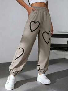 Heart Print Sporty Women's Drawstring Pants, Casual Commuter Slim Fit Lightweight Polyester Jogger Pants For Summer Spring - Khaki - View 1