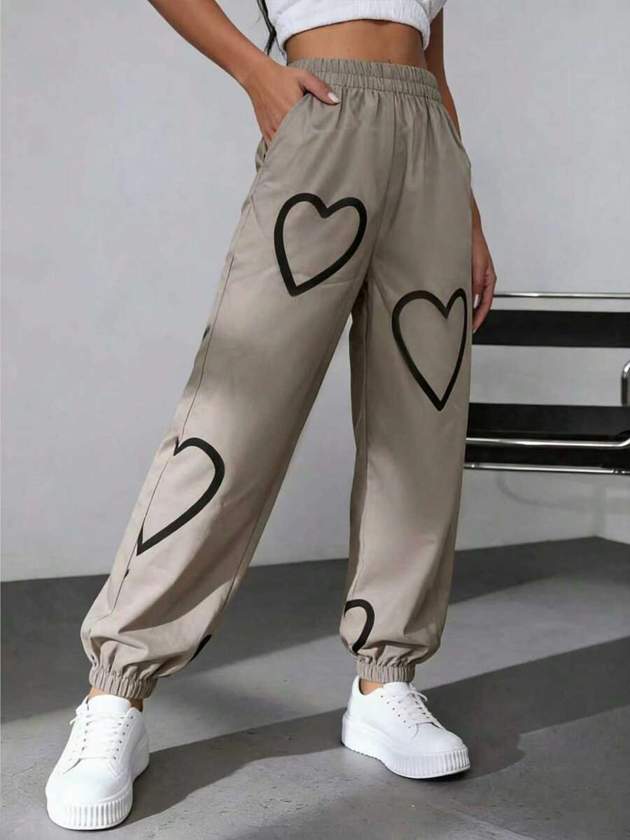 Heart Print Sporty Women's Drawstring Pants, Casual Commuter Slim Fit Lightweight Polyester Jogger Pants For Summer Spring - Khaki - View 1