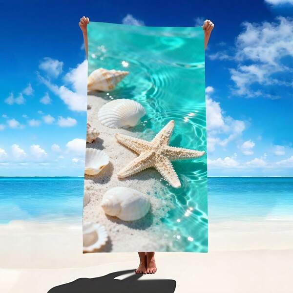 1pc Seawater, Starfish, Seashell Pattern Beach Towel, Super Soft Microfiber Extra Large Beach Blanket, Super Absorbent Bath Towel, Suitable For Travel, Swimming Pool, Diving, Surfing, Yoga, Camping, Available In Multiple Sizes, Beach Accessories Bathroom Decor