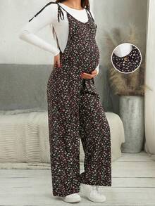 Adjustable Strap Ditsy Floral Maternity Jumpsuit - Black - View 6