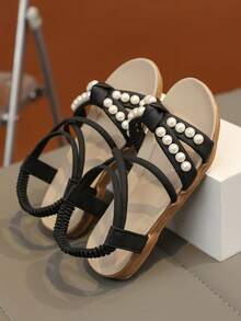 1双复古露趾儿童凉鞋，夏季新款时尚透气沙滩鞋，软底防滑 - 黑色 - 查看 3