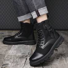 Mens Casual Combat Ankle Boots Lace Up Round Toe Fabric Panels Leather Look Trim Side Buckle Detail Chunky Lug Sole For Outdoor Walking And Streetwear - Black - View 8