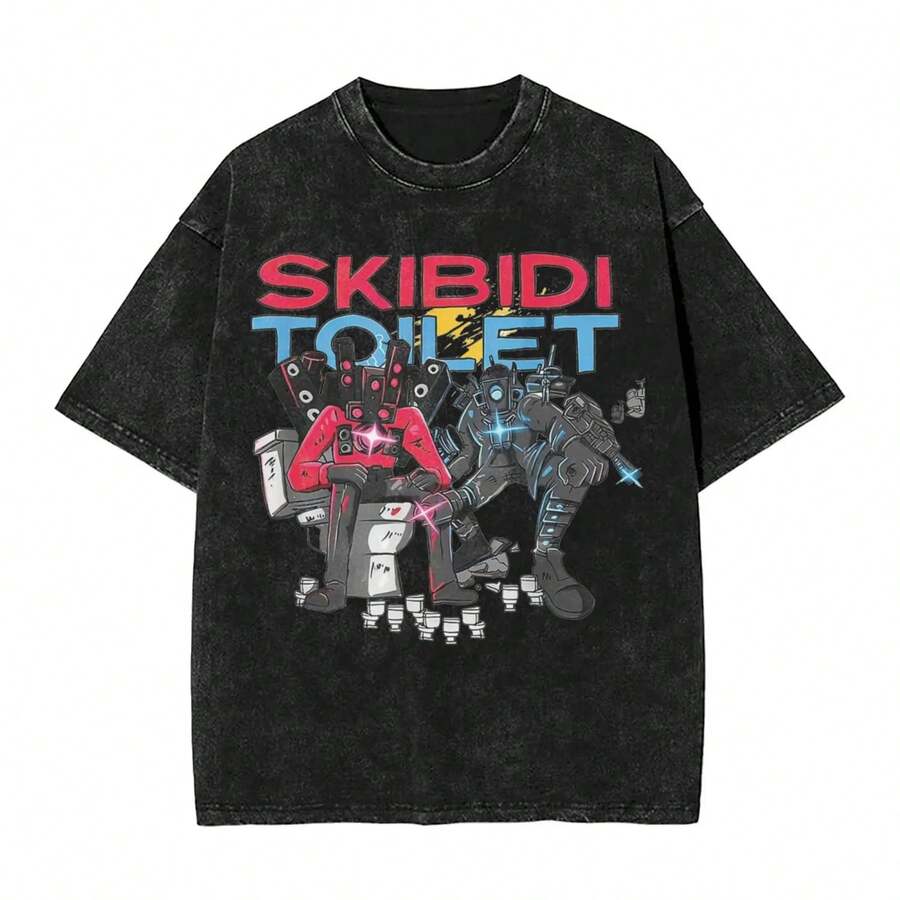 Washed T Shirt Cameraman Speakerman TV Man T-Shirt High Street Streetwear Short Sleeve Tops Tees For Men Women - 黑色 - 查看 1