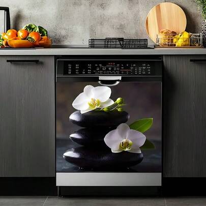 1 miếng dán họa tiết hoa lan trắng và đá đen - Hình dán phẳng 2D, thích hợp dán ở nhiều nơi như bề mặt máy rửa chén, máy giặt, tủ lạnh, tủ bếp, cửa phòng, phòng ngủ, nhà bếp, văn phòng, v.v.