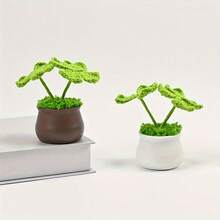 Artificial Plant Potted, Hand-Crocheted Four-Leaf Clover Potted Plant, Home/Office Desk Decor, Unique Handmade Woven Gift For Wife/Girlfriend/Sister/Mother, Valentine's Day/Birthday/New Year Decoration - Multicolor - View 4