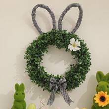 1 Stück/Osterhase Kranz, Eukalyptus grünes Blatt Hasenohren-förmiger Kranz, Leinen Schleife Heim Dekoration Anhänger, Tür Hänger & Wand Dekor Kranz Ornament - Hasen-Kreisblumenkranz - Übersicht 6