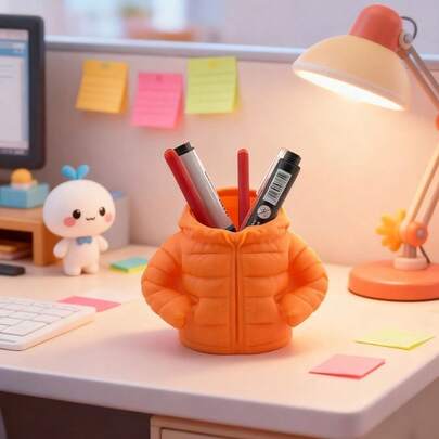 1 chiếc hộp đựng bút bằng nhựa kiểu áo khoác lông vũ sáng tạo, in 3D, vật trang trí bàn làm việc, hộp đựng bút độc đáo, thích hợp để đựng bút, cọ trang điểm trên bàn. Hộp đựng đồ dùng trên bàn, không bao gồm bút. Món quà dành cho bạn bè và bạn học.