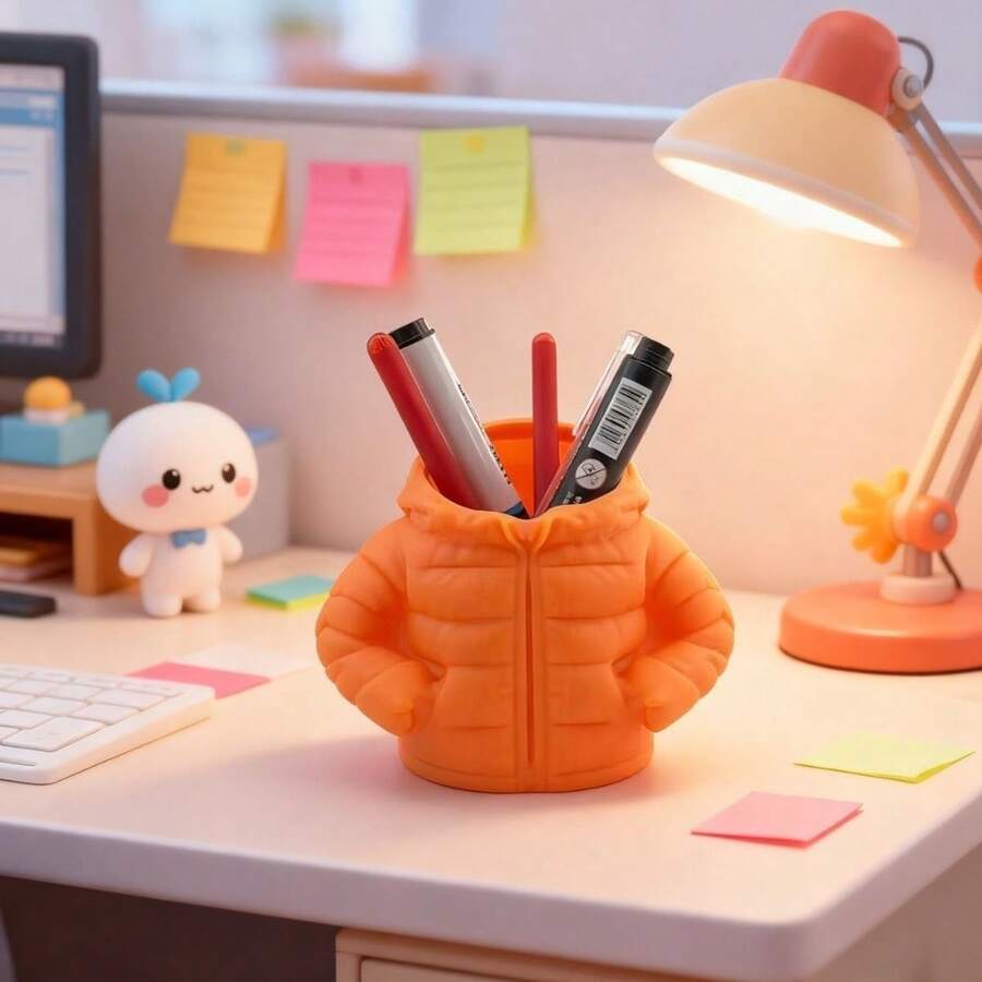1pc Creative Down Jacket-Style Plastic Pen Holder, 3D Printed, Desk Decoration Item, Creative Pen Holder, Suitable For Storing Pens On A Desk,Makeup Brushes.Desktop Organizer, Pens Not Included. A Gift For Friends And Classmates.