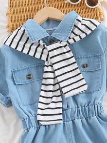 两件套女童夏季套装，时尚休闲日常穿着，蓝色牛仔连体裤和黑白条纹披肩套装 - 藍色 - 查看 6