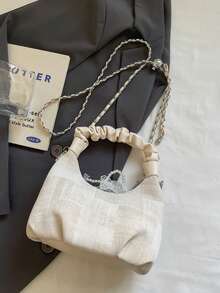 Women's Simple And Versatile High-Quality PU Pleated Handbag, Crescent-Shaped Mini Bag With Beaded Charm And Detachable Shoulder Strap, Perfect For Everyday Casual Wear. - White - View 8