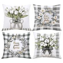 4pcs Simple Plaid & Floral Print Pillow Covers [Single-Sided Print], 17.7*17.7in(45*45cm)/19.69*19.69in(50*50cm)/15.75*15.75in(40*40cm), Spring Black & White Plaid White Floral Cushion Covers For Home, Sofa, Bedroom, Car Decor [Pillow Insert Not Included], Suitable For Daily Use, Home Decoration, Minimalist Style - Multicolor - View 12