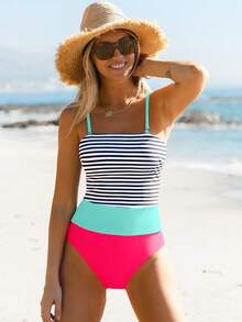 popvil Women Beach Striped Colorblock Tankini Set Reversible Tank Top Beach Swimwear For Summer Vacation Holiday - Multicolor - View 4