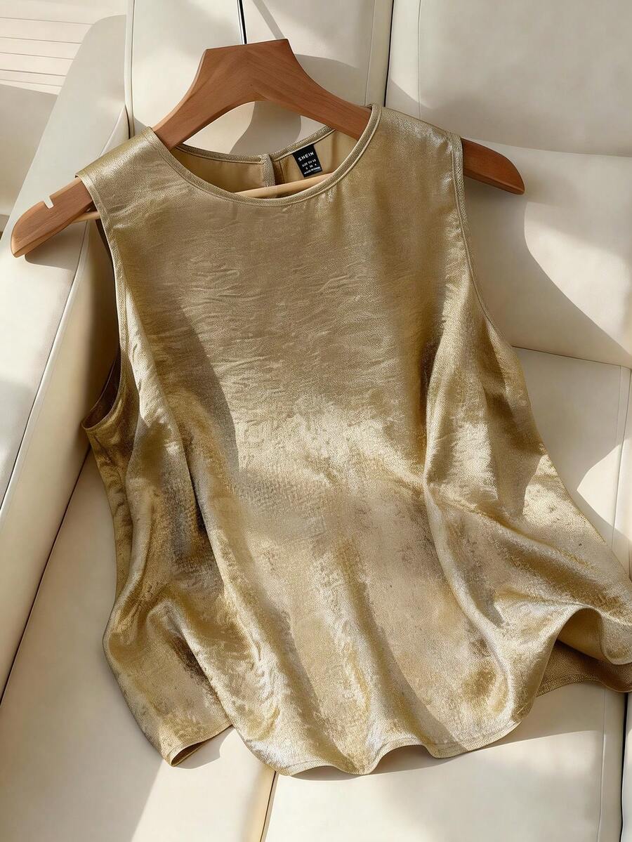 女士金属色圆领无袖衬衫，休闲夏季上衣，适合派对、约会之夜。 - 金色 - 查看 1